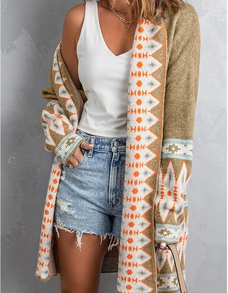 Azura Exchange Khaki Aztec Print Knitted Cardigan