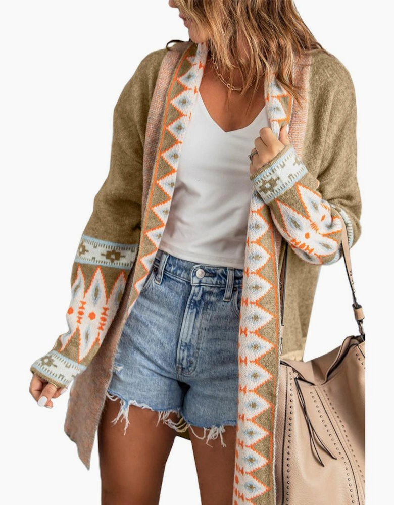 Azura Exchange Khaki Aztec Print Knitted Cardigan