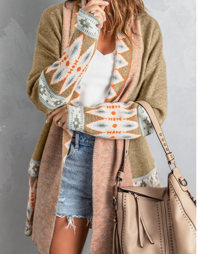 Azura Exchange Khaki Aztec Print Knitted Cardigan