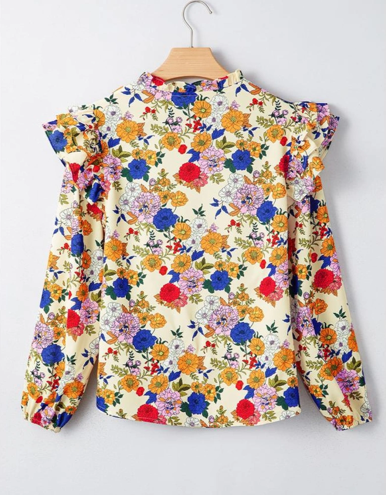 Apricot Ruffled Shoulder Long Sleeve Floral Blouse