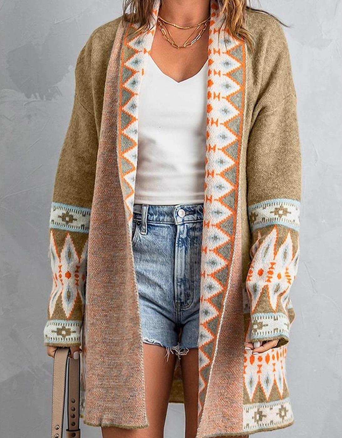 Azura Exchange Khaki Aztec Print Knitted Cardigan