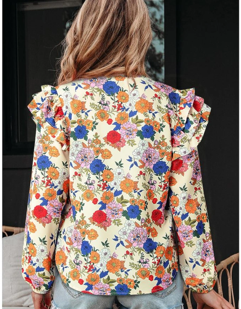 Apricot Ruffled Shoulder Long Sleeve Floral Blouse