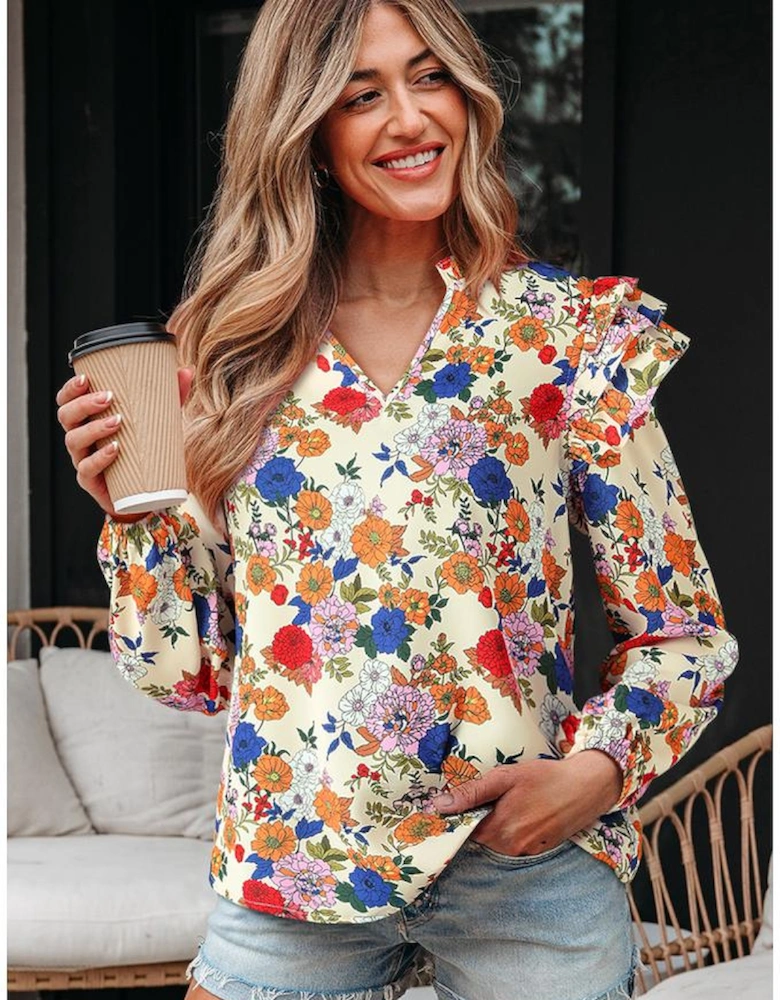 Apricot Ruffled Shoulder Long Sleeve Floral Blouse