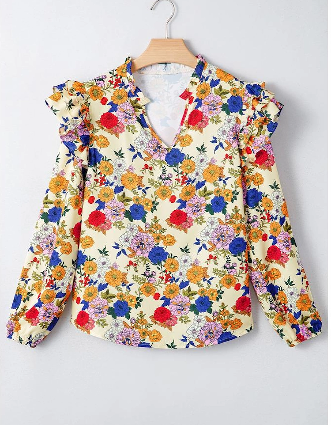 Apricot Ruffled Shoulder Long Sleeve Floral Blouse