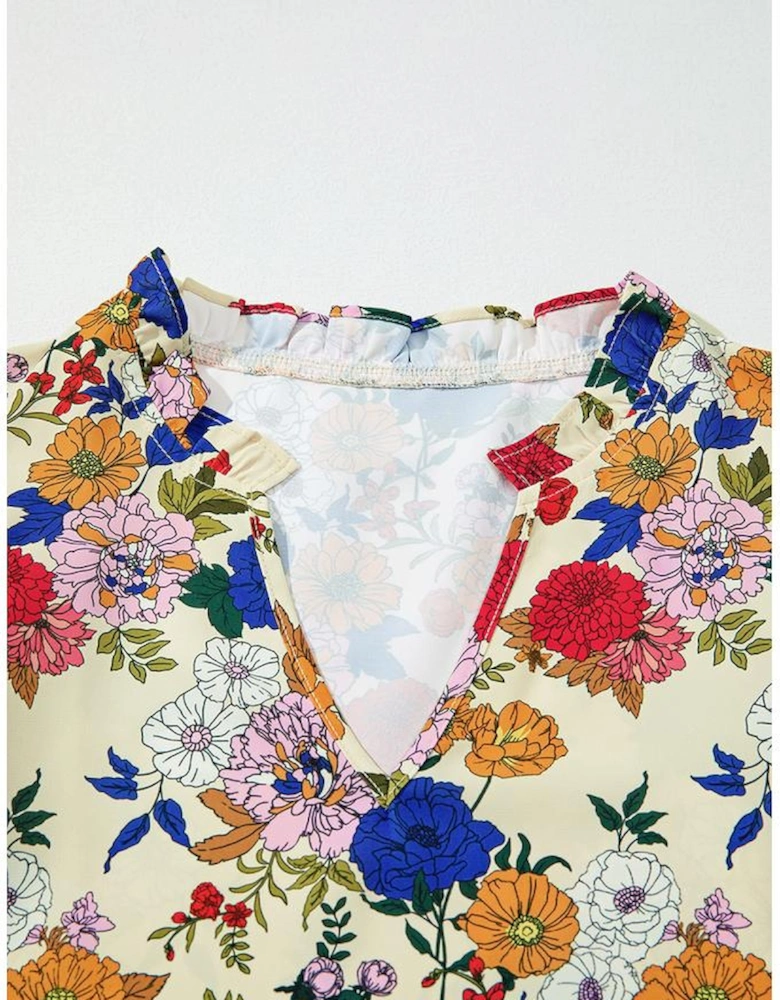 Apricot Ruffled Shoulder Long Sleeve Floral Blouse