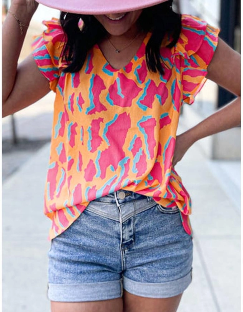 Orange Abstract Print V Neck Ruffled Sleeve Blouse