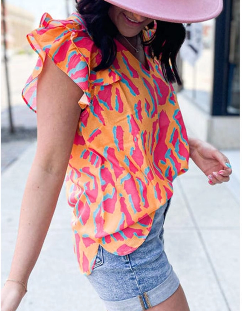 Orange Abstract Print V Neck Ruffled Sleeve Blouse