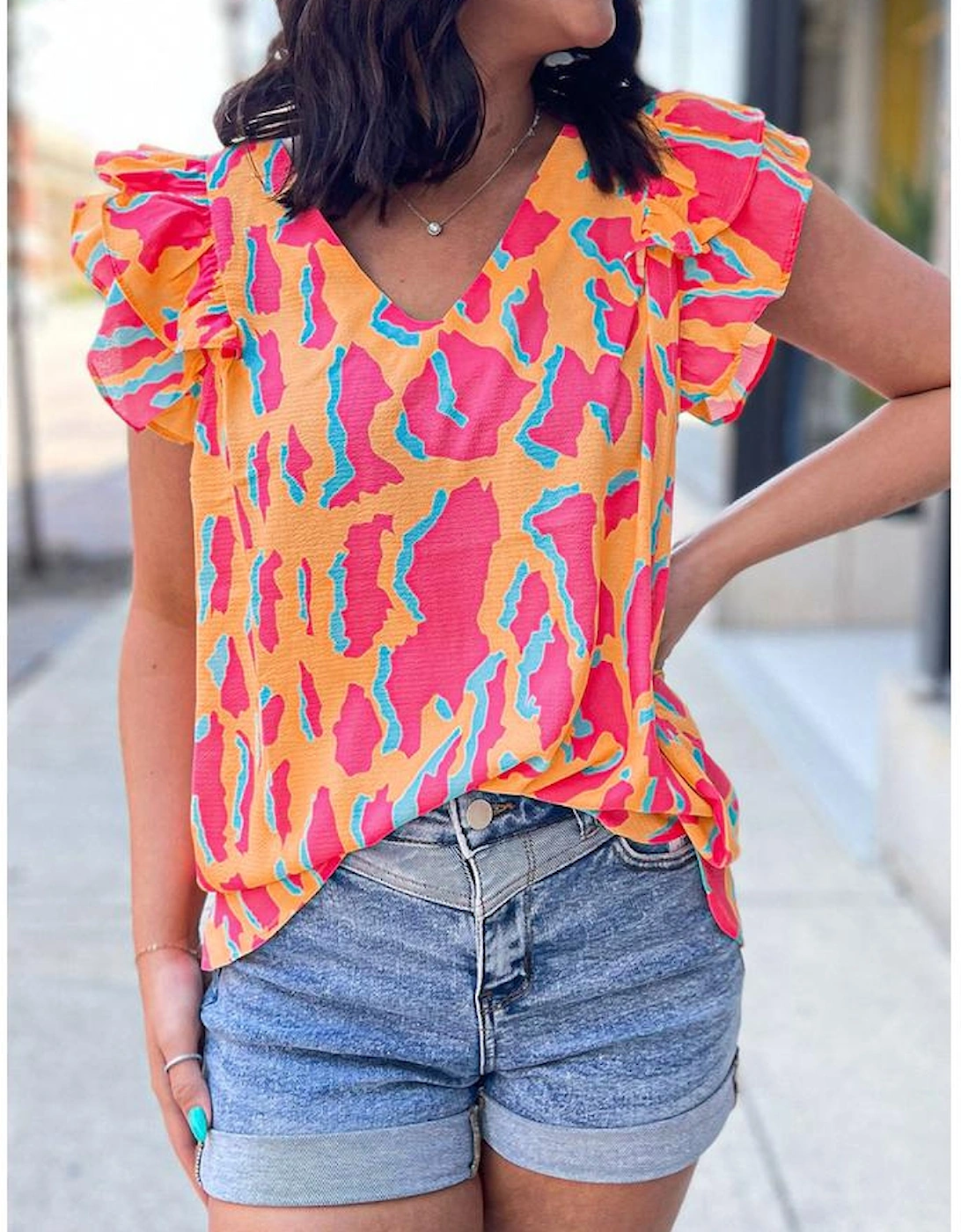 Orange Abstract Print V Neck Ruffled Sleeve Blouse