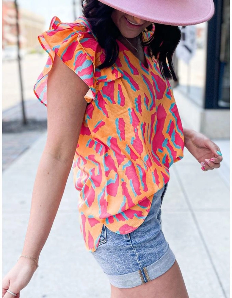 Orange Abstract Print V Neck Ruffled Sleeve Blouse
