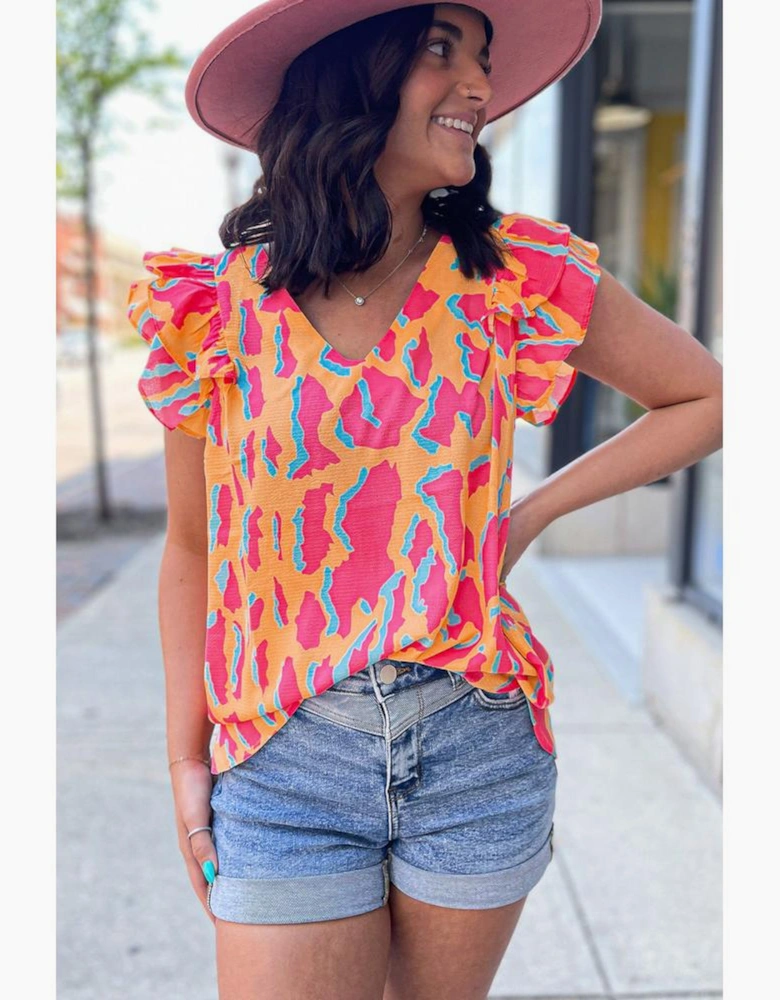 Orange Abstract Print V Neck Ruffled Sleeve Blouse