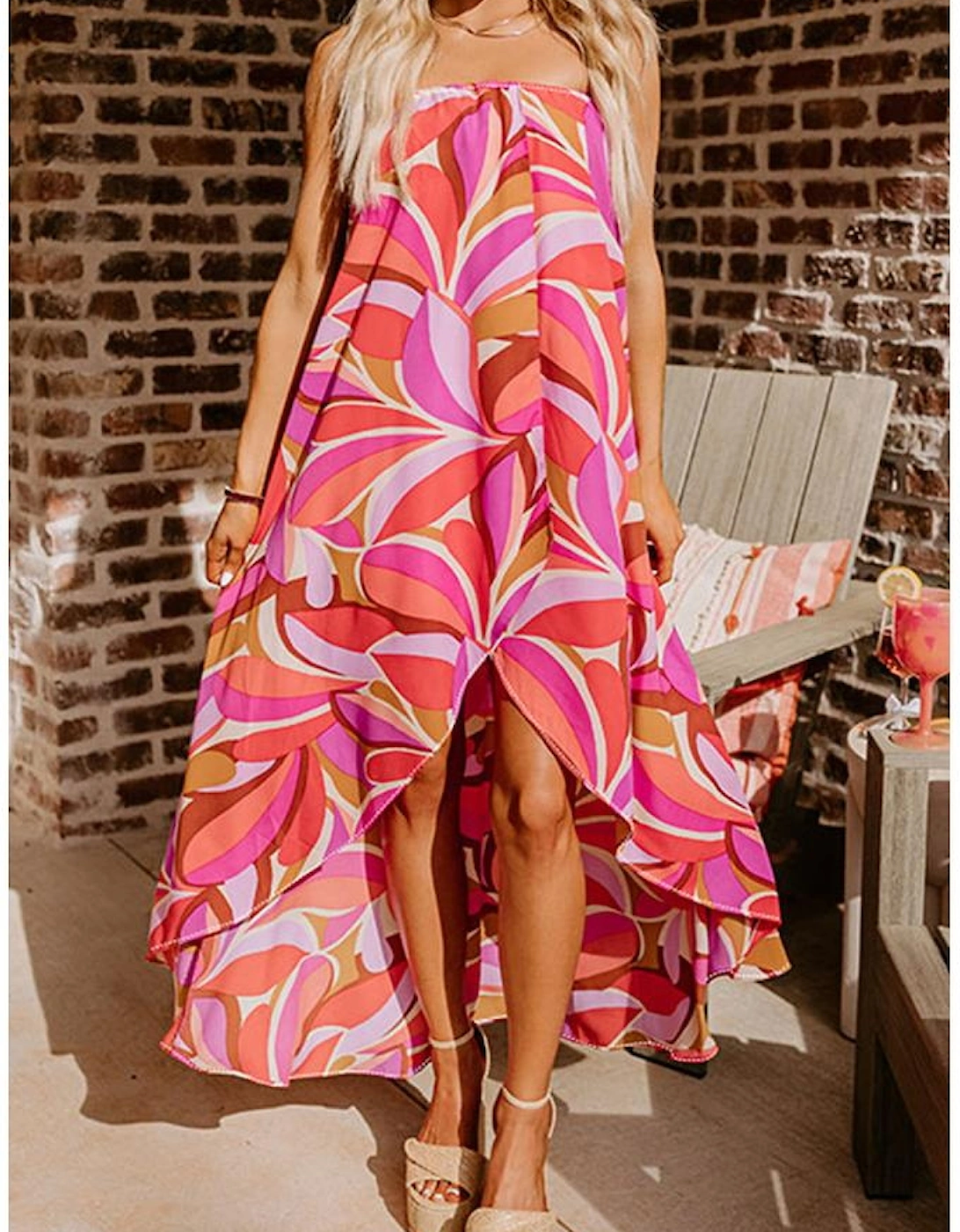 Rose Floral High Low Bandeau Vacay Dress