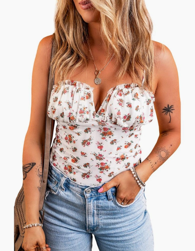 White Floral V Cut Frilled Trim Spaghetti Straps Bodysuit