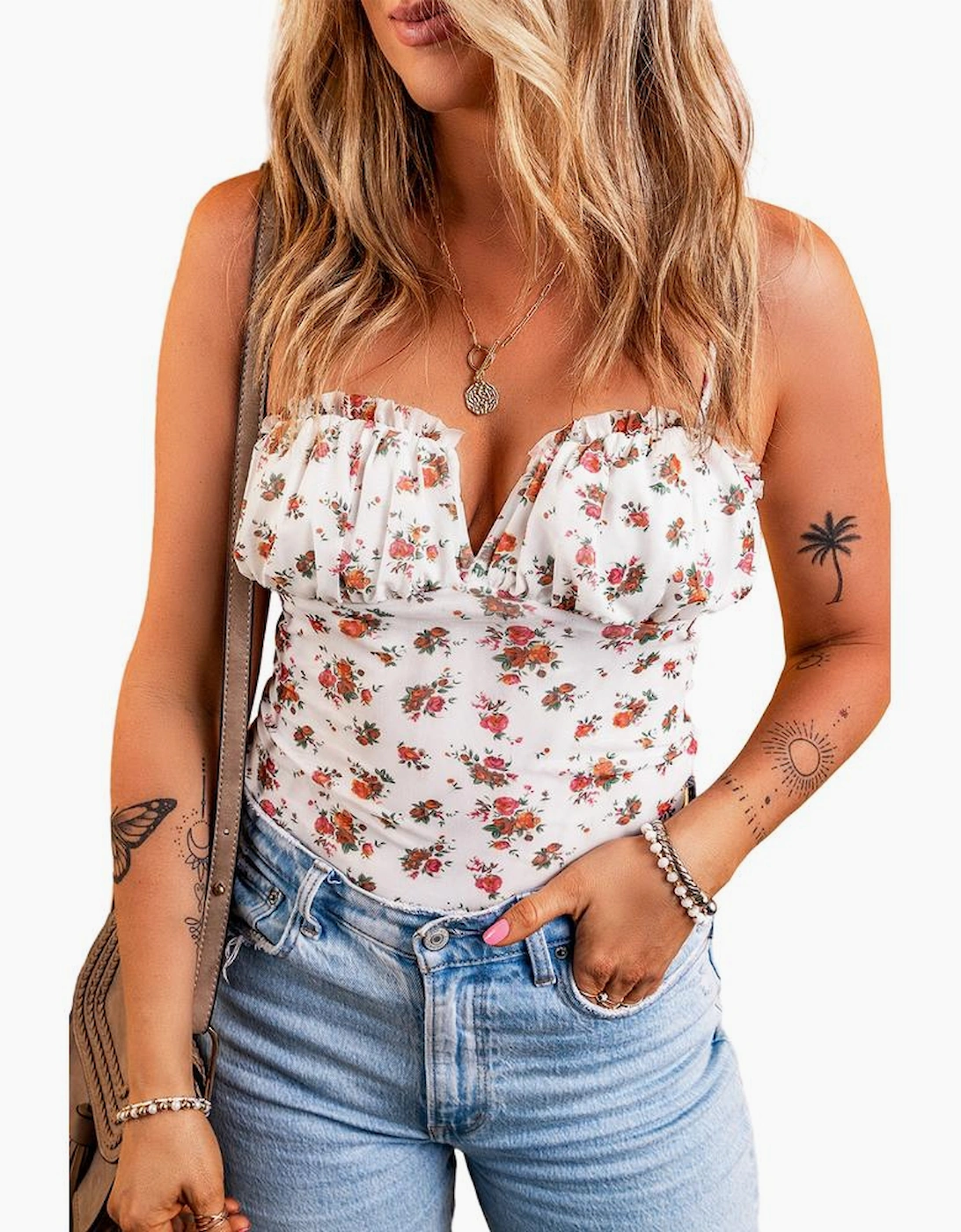 White Floral V Cut Frilled Trim Spaghetti Straps Bodysuit