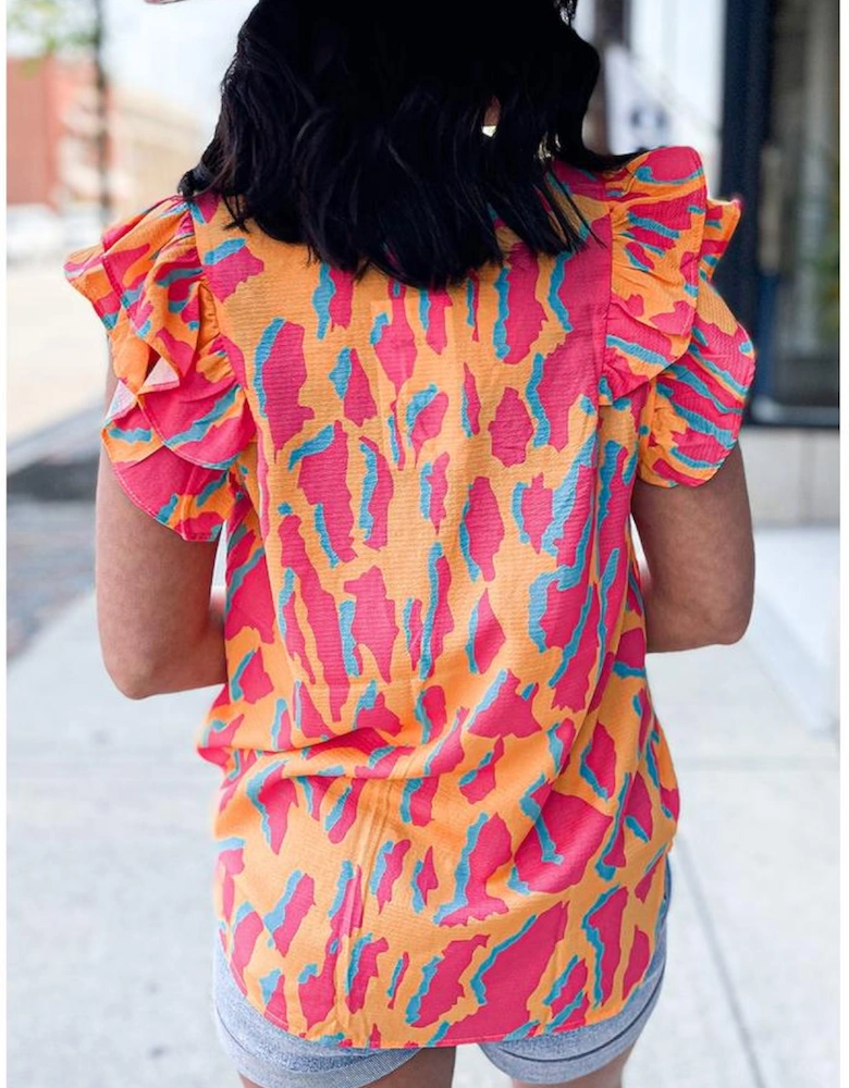 Orange Abstract Print V Neck Ruffled Sleeve Blouse