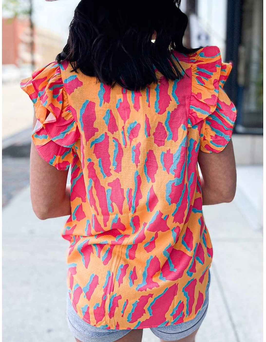 Orange Abstract Print V Neck Ruffled Sleeve Blouse