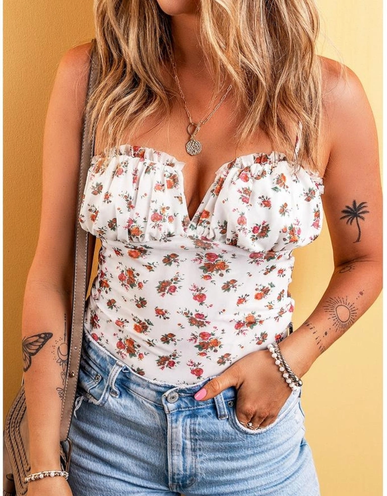 White Floral V Cut Frilled Trim Spaghetti Straps Bodysuit