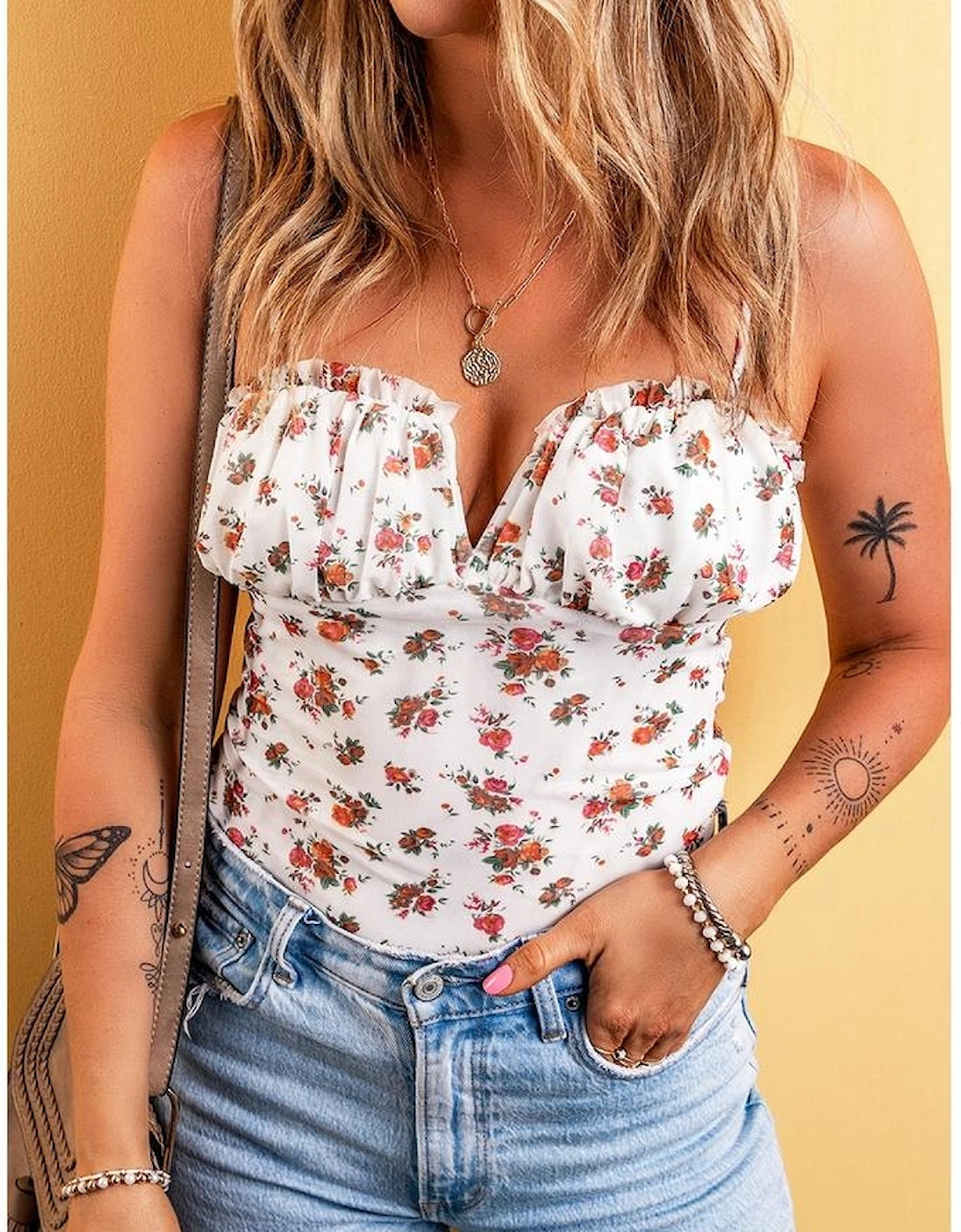 White Floral V Cut Frilled Trim Spaghetti Straps Bodysuit, 10 of 9