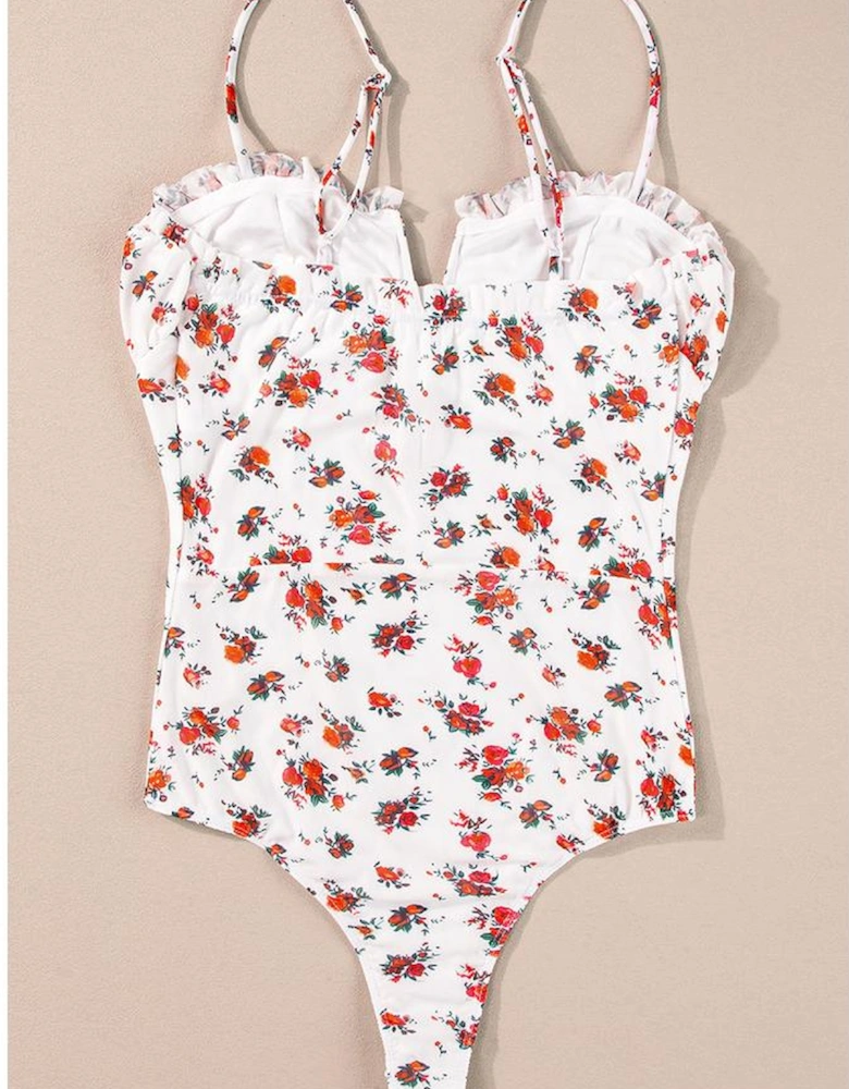 White Floral V Cut Frilled Trim Spaghetti Straps Bodysuit