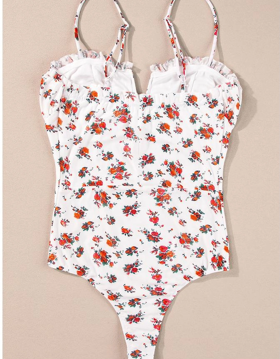 White Floral V Cut Frilled Trim Spaghetti Straps Bodysuit