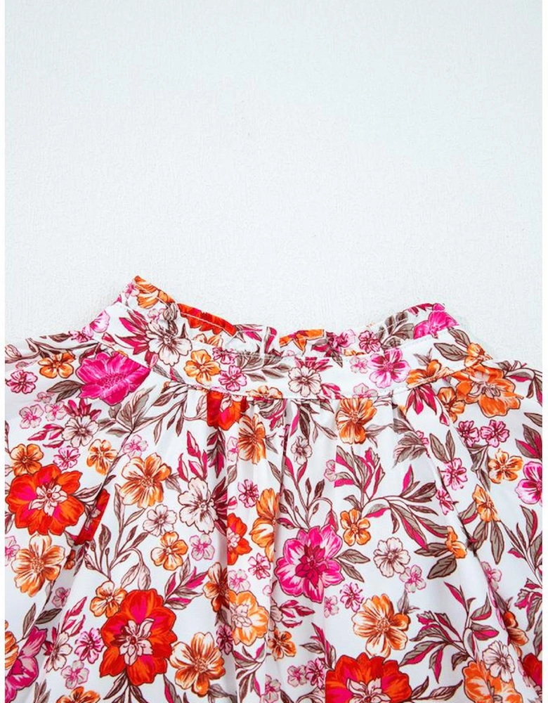 Pink Floral Print Tie Split Neck Bracelet Sleeve Blouse