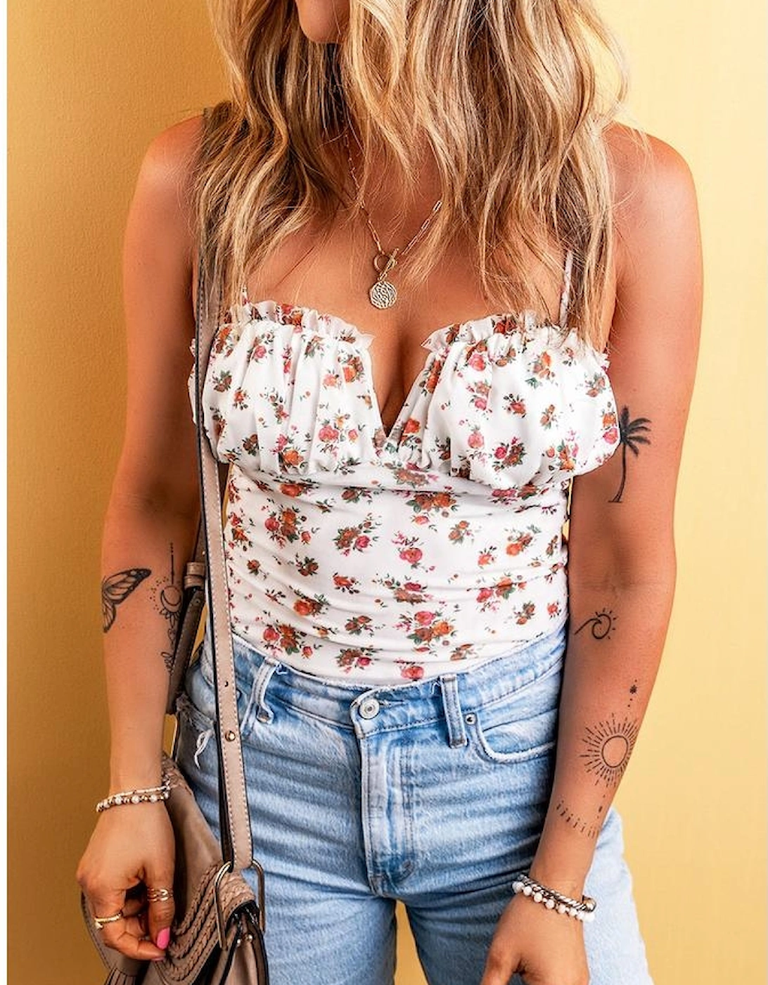 White Floral V Cut Frilled Trim Spaghetti Straps Bodysuit