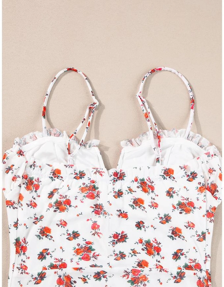 White Floral V Cut Frilled Trim Spaghetti Straps Bodysuit