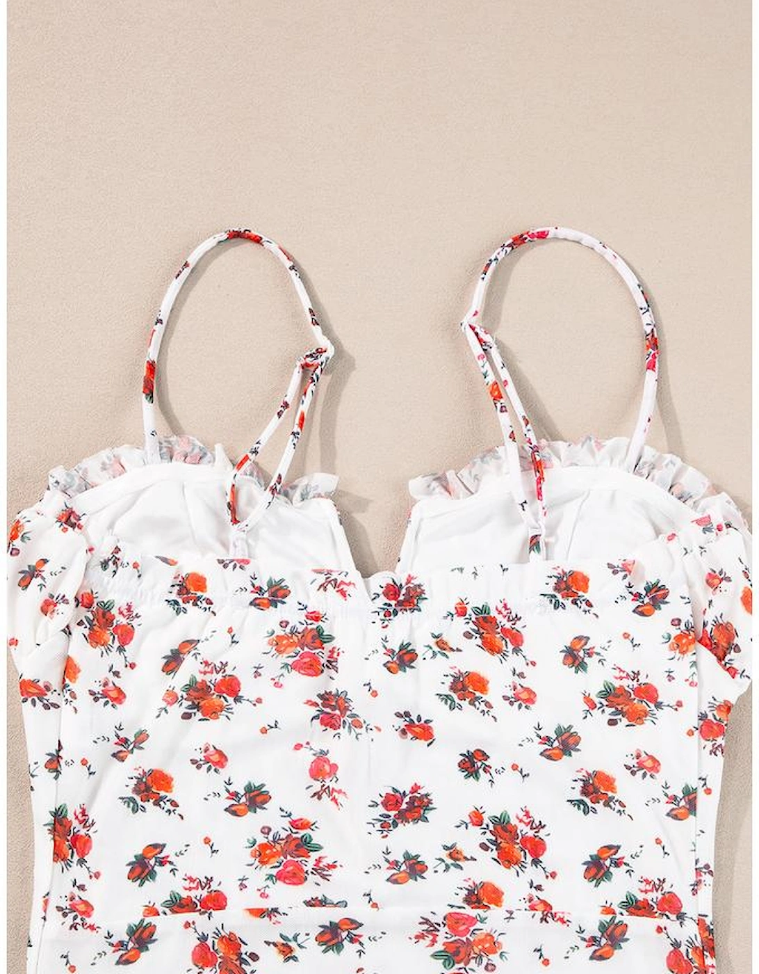White Floral V Cut Frilled Trim Spaghetti Straps Bodysuit