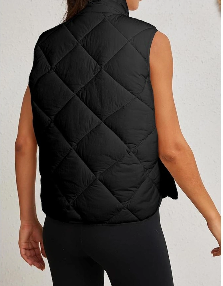 Black Quilted High Neck Button Up Pocket Vest Coat