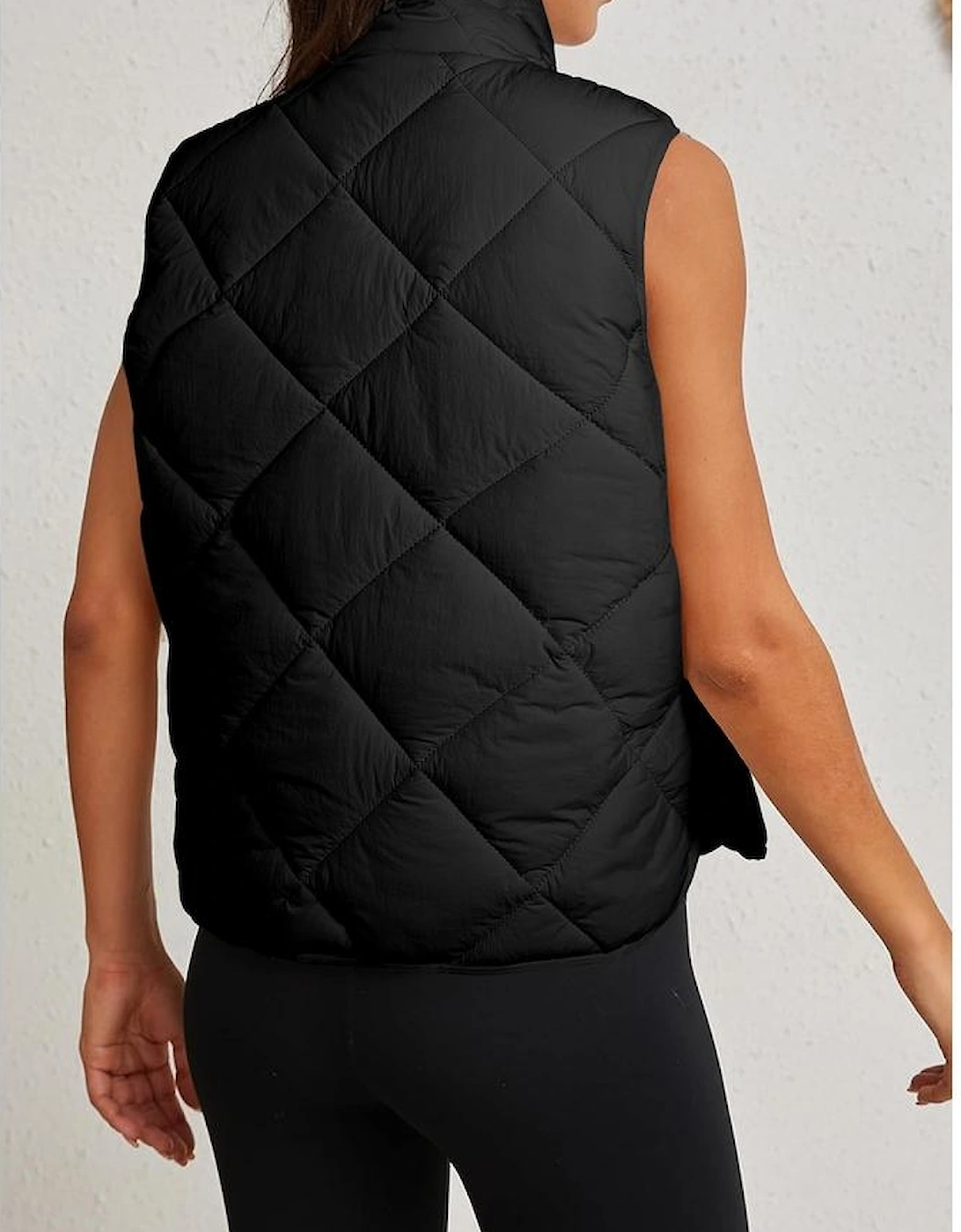 Black Quilted High Neck Button Up Pocket Vest Coat