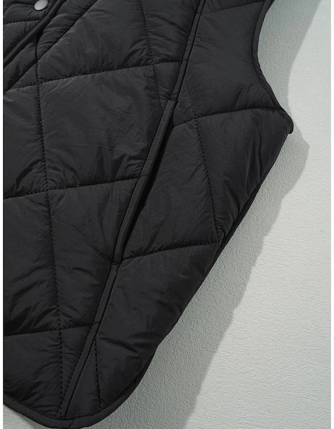 Black Quilted High Neck Button Up Pocket Vest Coat