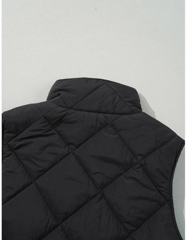 Black Quilted High Neck Button Up Pocket Vest Coat