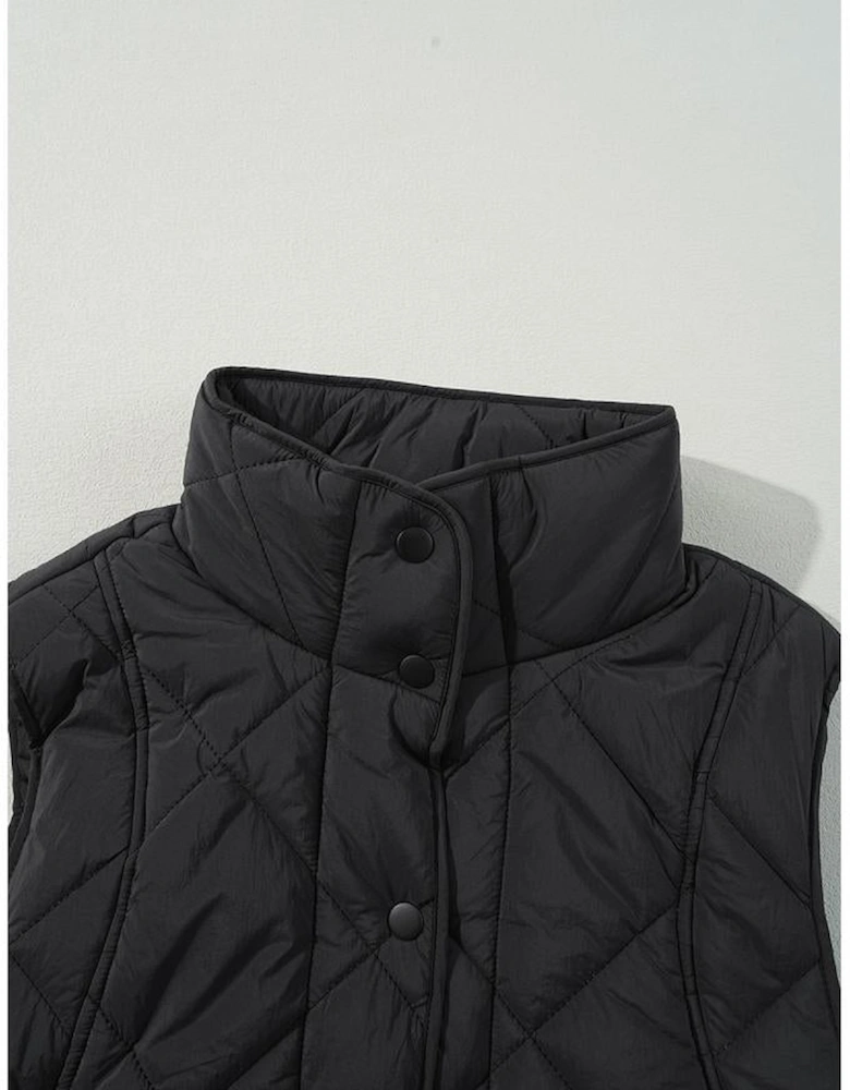 Black Quilted High Neck Button Up Pocket Vest Coat