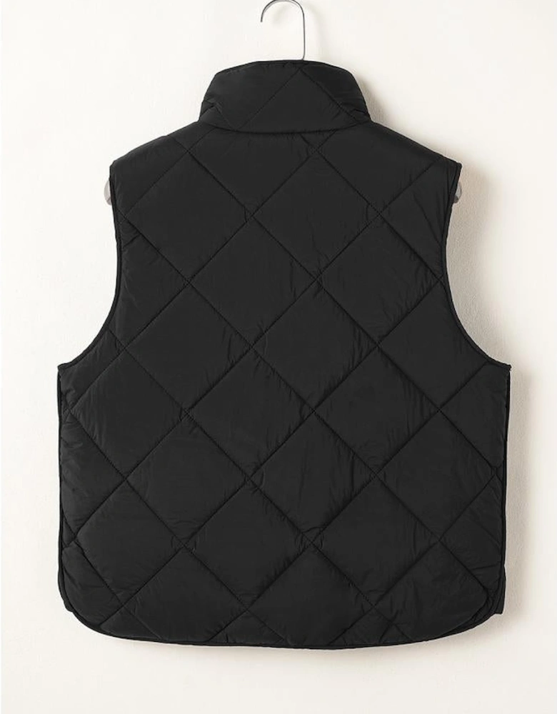 Black Quilted High Neck Button Up Pocket Vest Coat