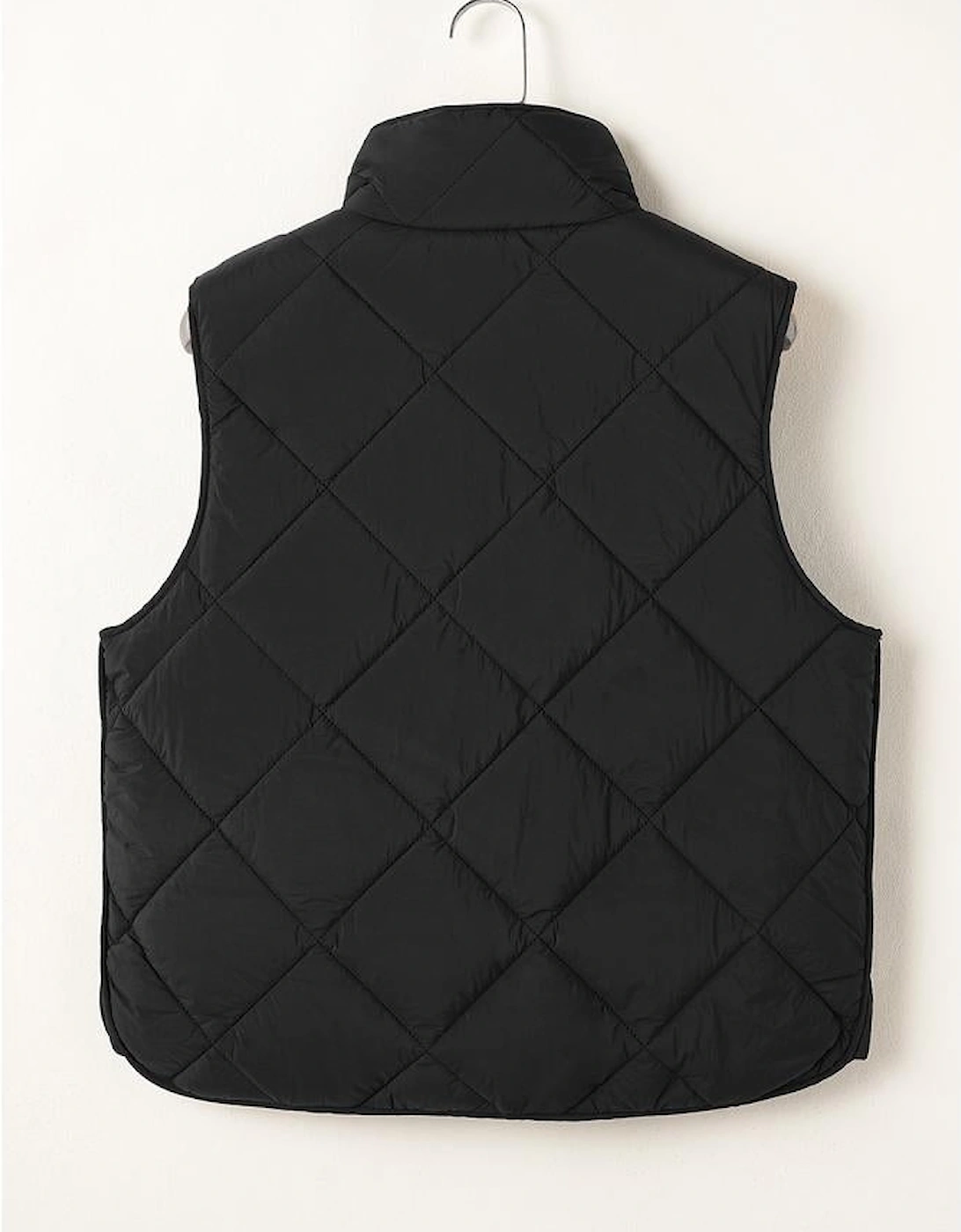 Black Quilted High Neck Button Up Pocket Vest Coat