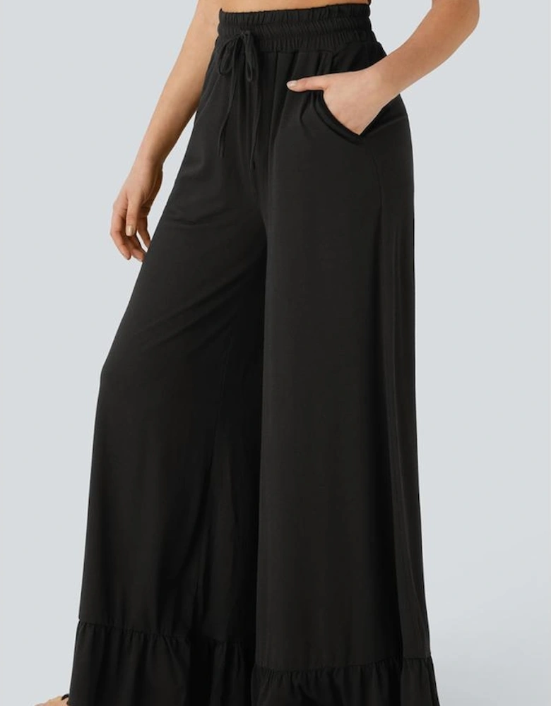 Black Ruffled Wide Leg Pull On High Waist Pants with Pockets