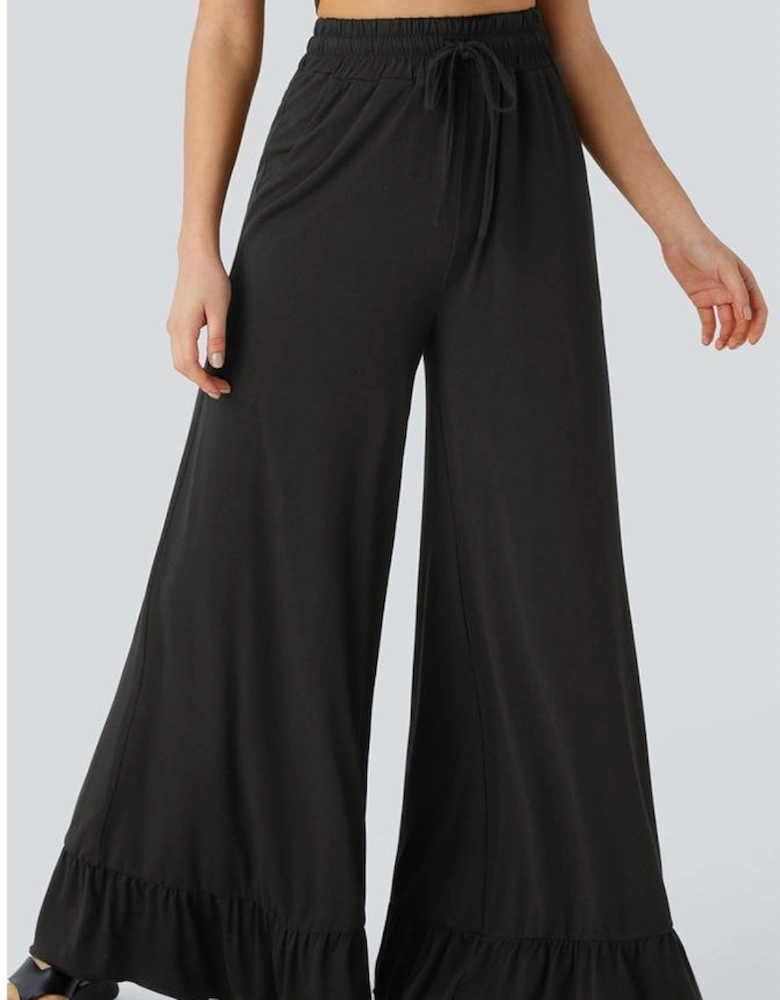 Black Ruffled Wide Leg Pull On High Waist Pants with Pockets