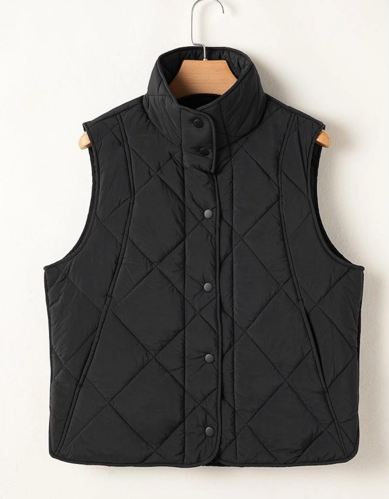 Black Quilted High Neck Button Up Pocket Vest Coat