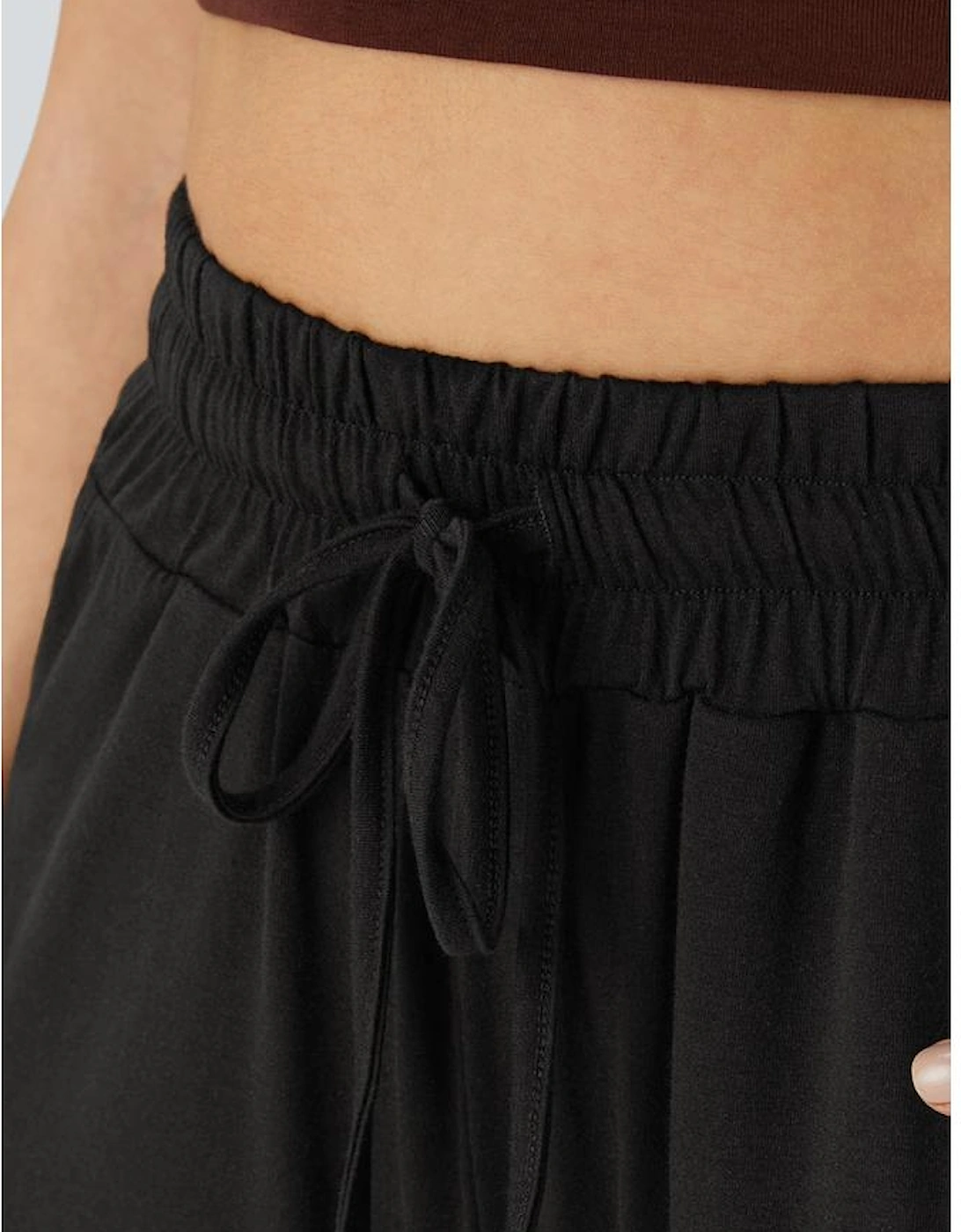 Black Ruffled Wide Leg Pull On High Waist Pants with Pockets