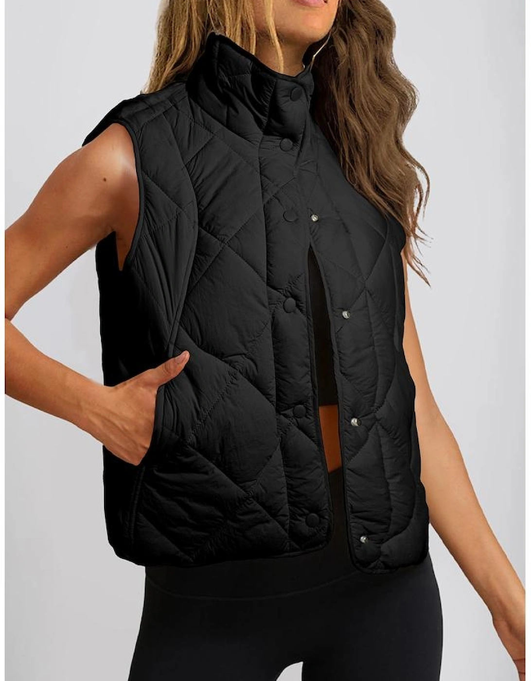 Black Quilted High Neck Button Up Pocket Vest Coat