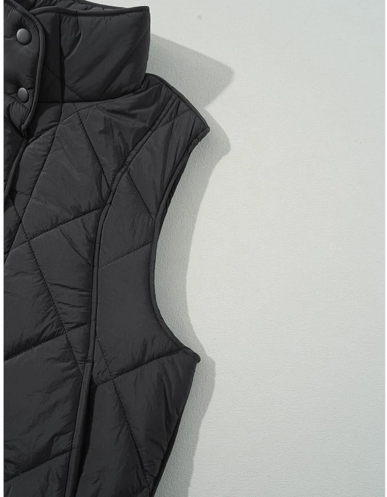 Black Quilted High Neck Button Up Pocket Vest Coat
