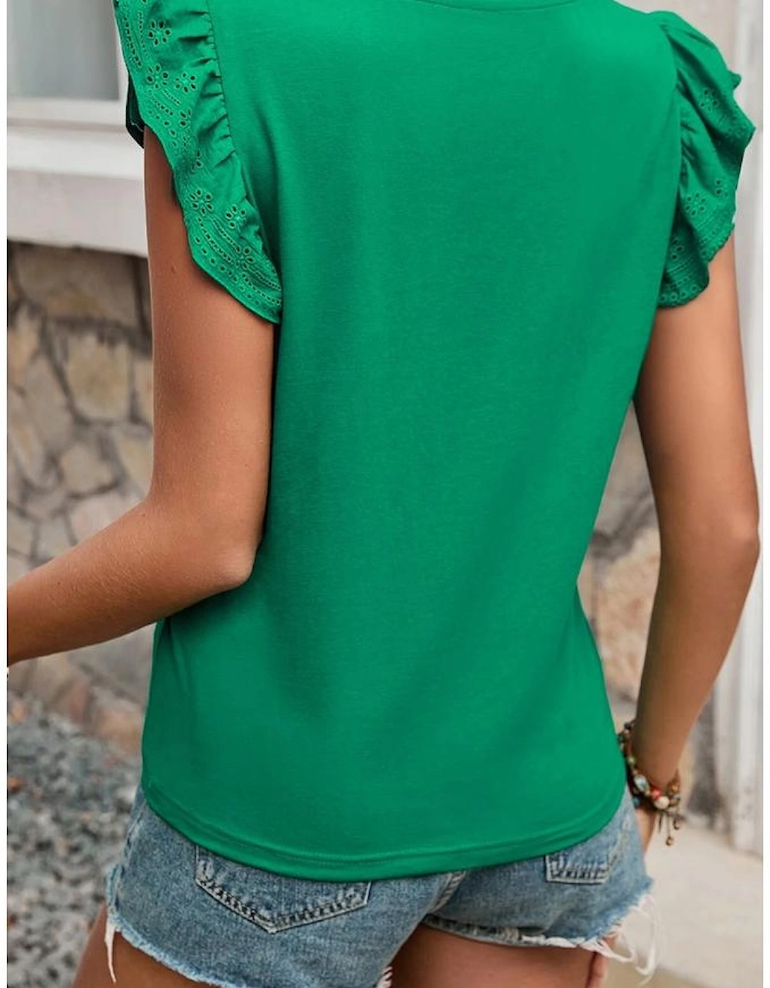 Dark Green Embroidered Ruffled Sleeve Slim Fit Crew Neck Top