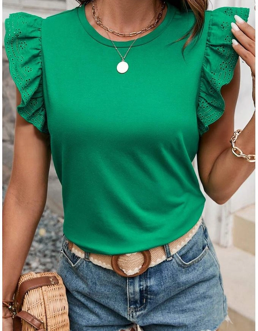 Dark Green Embroidered Ruffled Sleeve Slim Fit Crew Neck Top