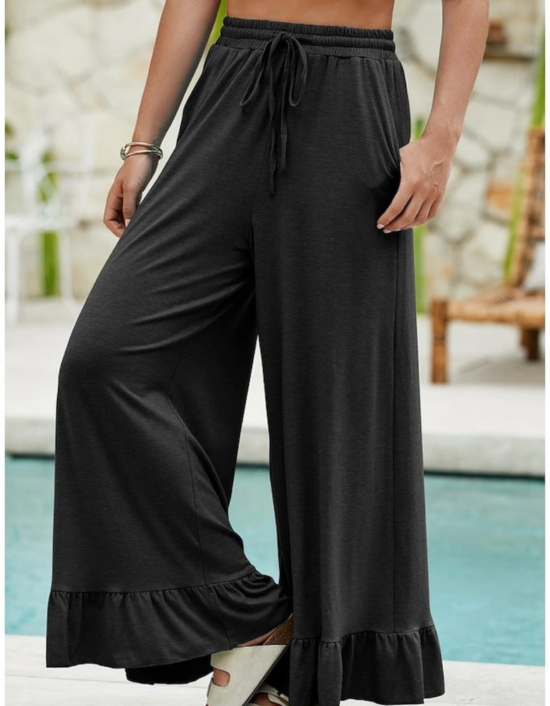 Black Ruffled Wide Leg Pull On High Waist Pants with Pockets