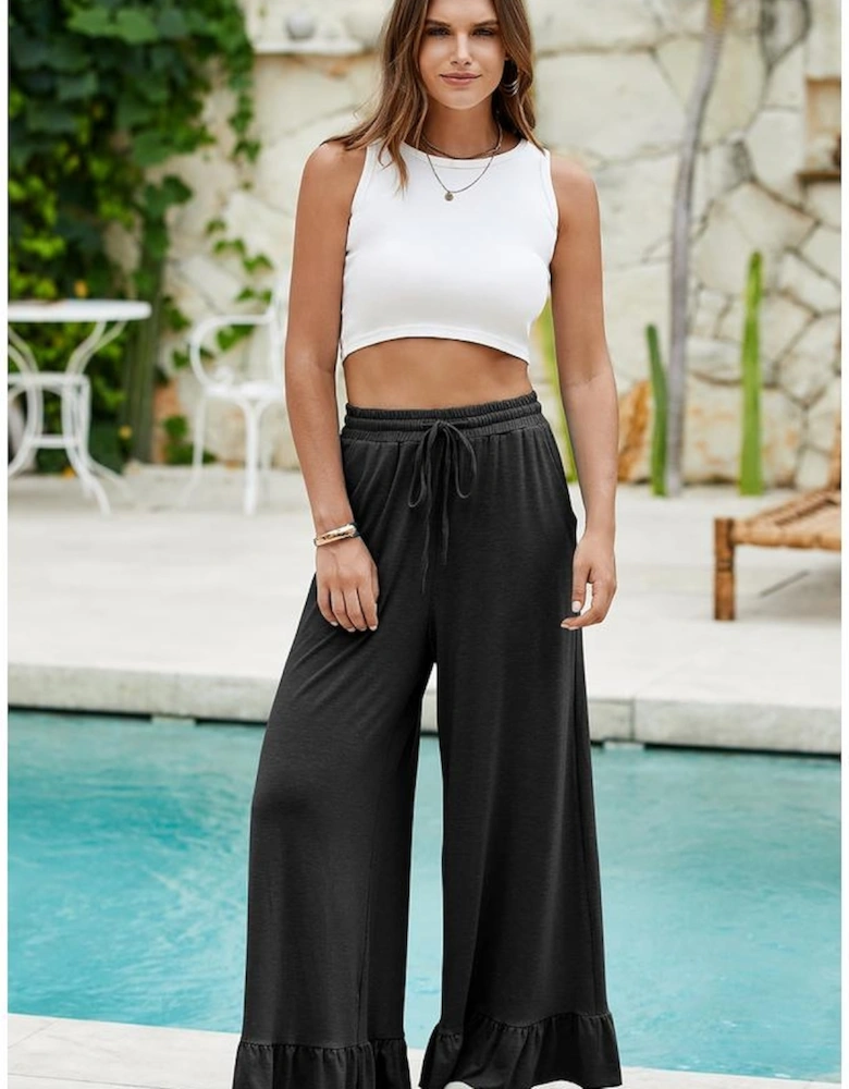 Black Ruffled Wide Leg Pull On High Waist Pants with Pockets