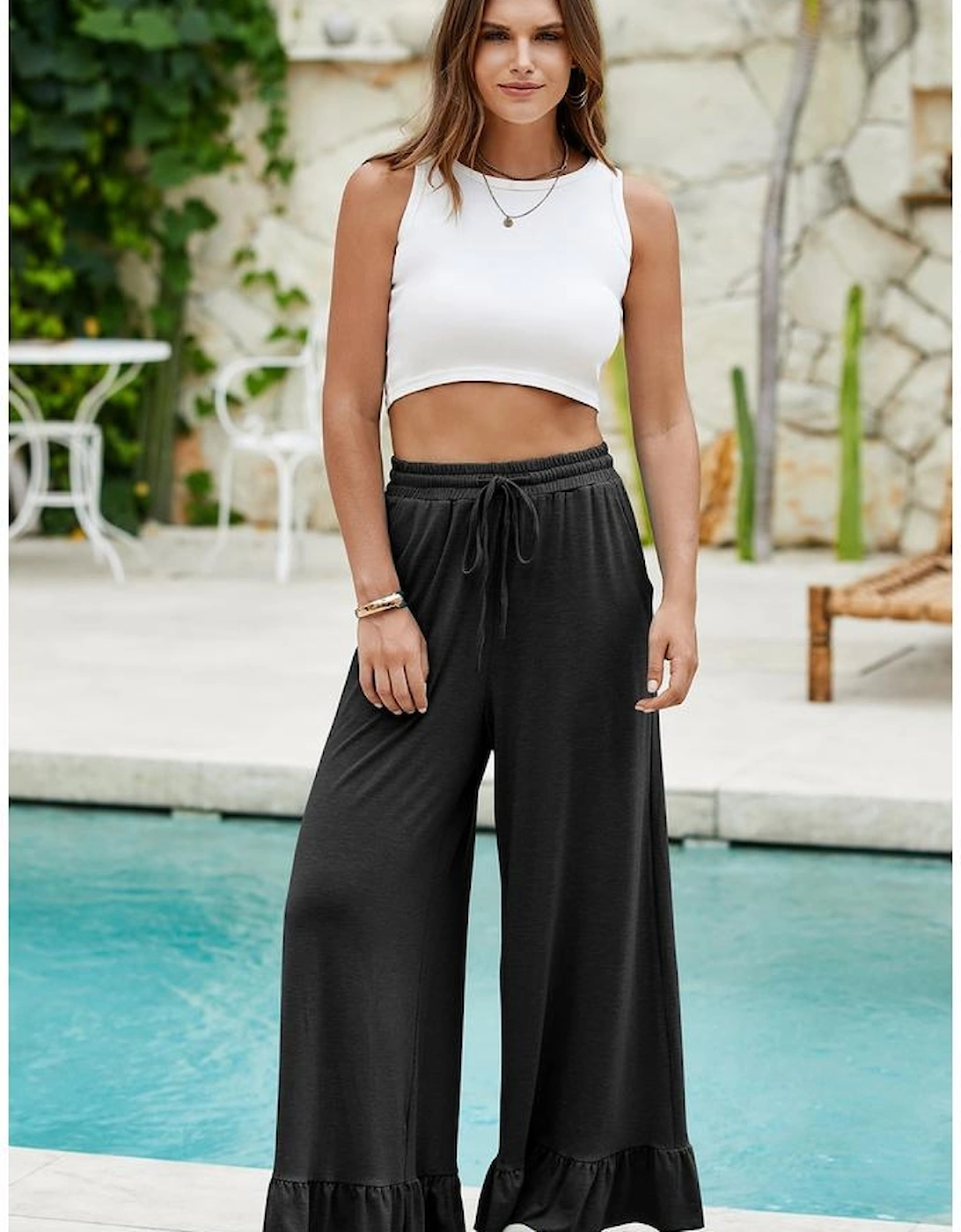 Black Ruffled Wide Leg Pull On High Waist Pants with Pockets