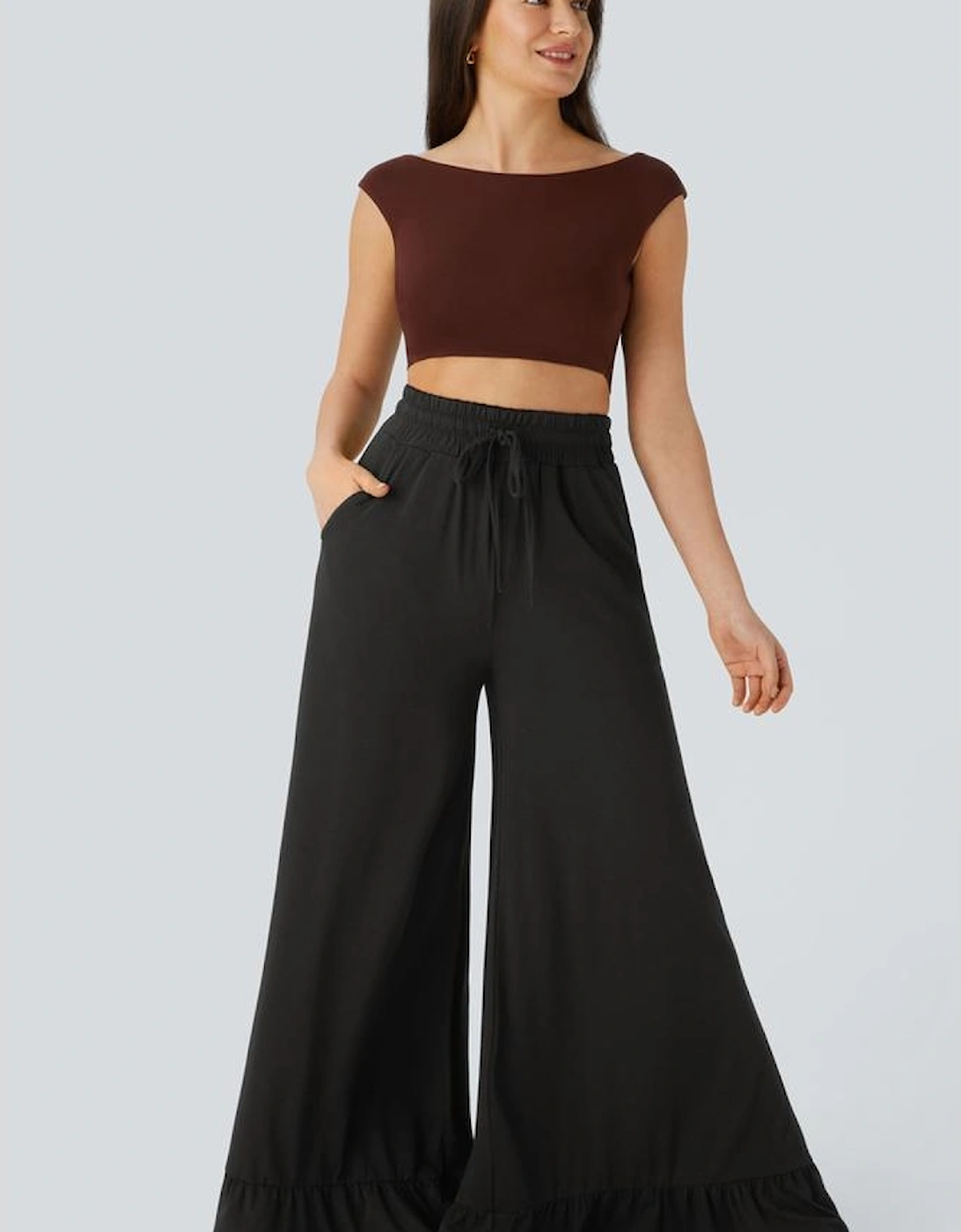 Black Ruffled Wide Leg Pull On High Waist Pants with Pockets