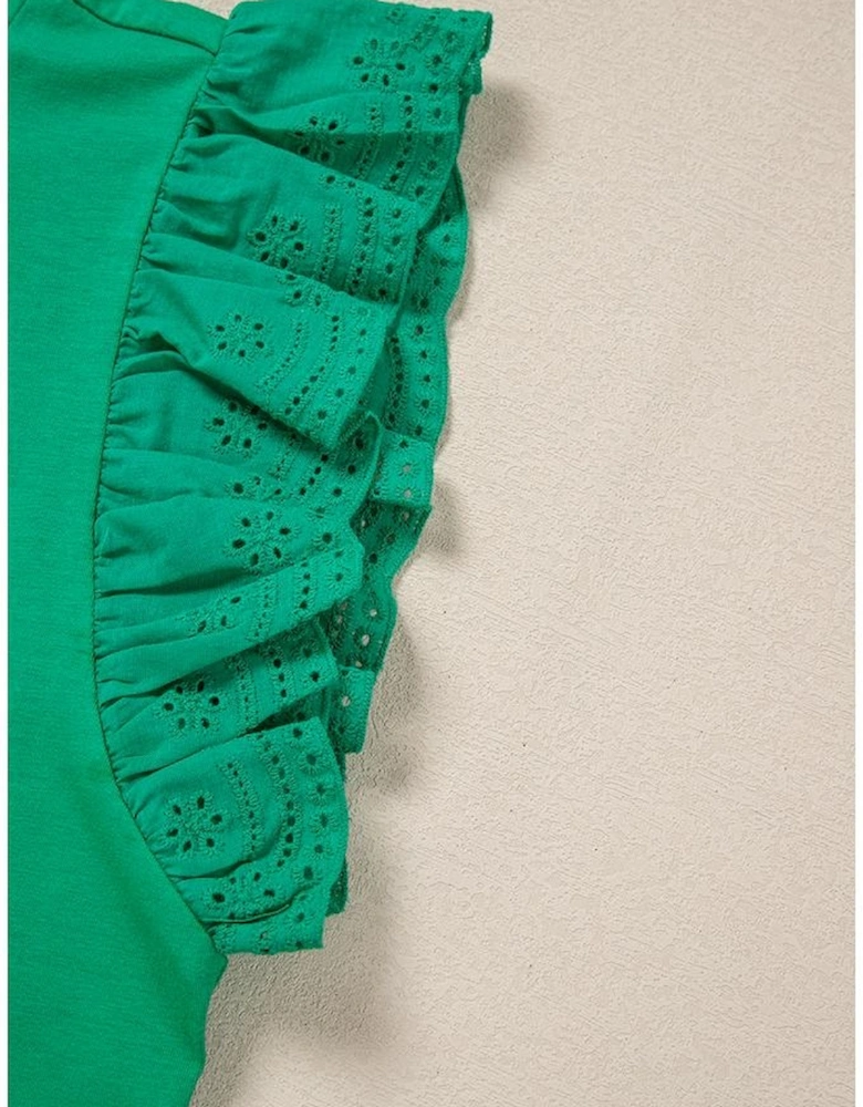 Dark Green Embroidered Ruffled Sleeve Slim Fit Crew Neck Top