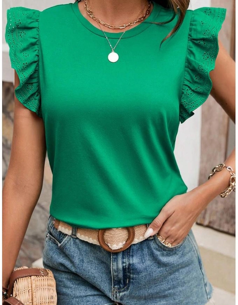 Dark Green Embroidered Ruffled Sleeve Slim Fit Crew Neck Top