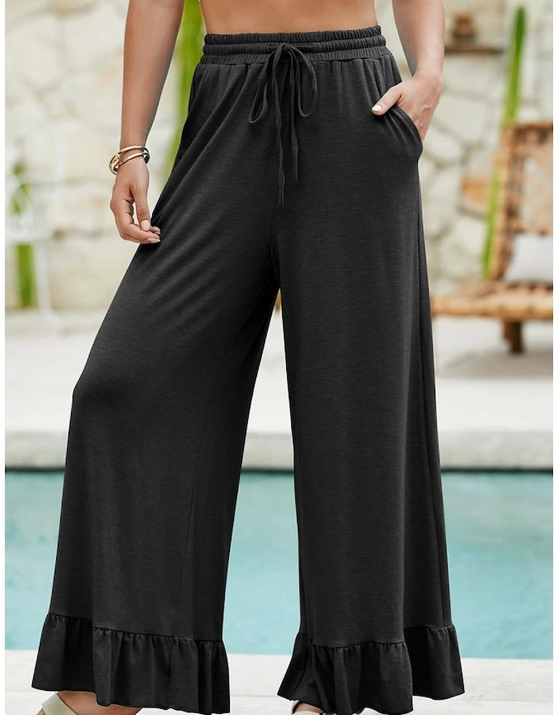 Black Ruffled Wide Leg Pull On High Waist Pants with Pockets