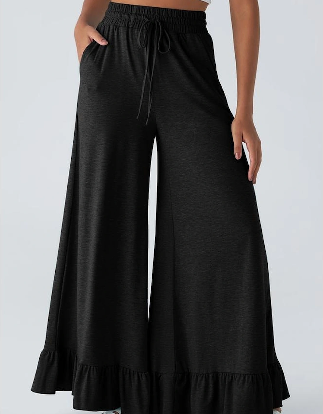 Black Ruffled Wide Leg Pull On High Waist Pants with Pockets
